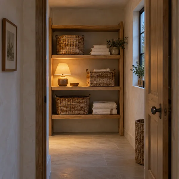 A warm oak shelving unit in a small storage room holds three woven baskets and stacks of folded cream linens, with a lit table lamp on the middle shelf.