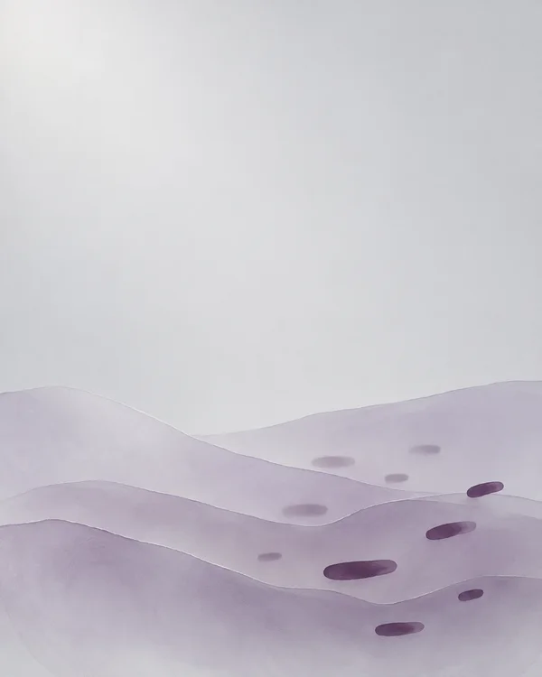 Pale grey-lavender abstract artwork with three softly layered, wave-shaped forms across the lower portion and scattered rounded plum marks; most of the upper…