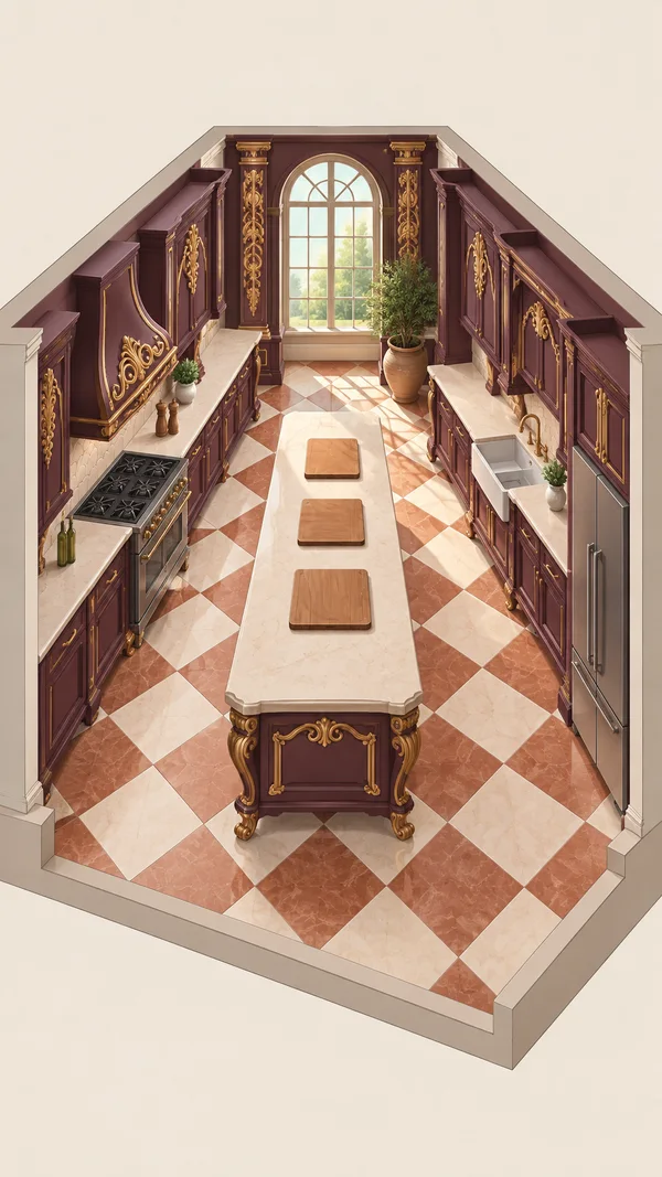 A high-angle cutaway view of an ornate plum-and-gold kitchen with a cream-stone island, three wooden cutting boards, terracotta-and-ivory diamond flooring, and…