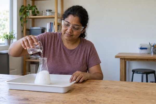 A middle-aged adult wearing clear safety goggles pours liquid from a small glass cup into a conical flask with white foam, set in a tray on a wooden worktable…