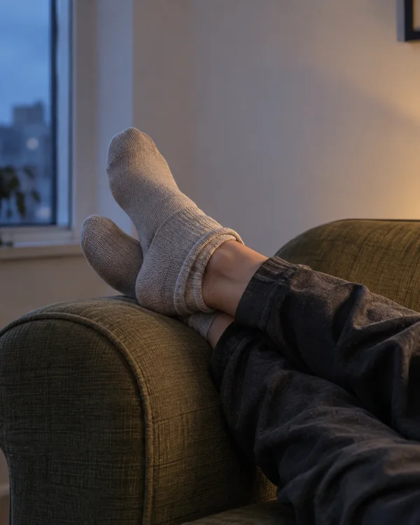 Trouser legs and crossed socked feet rest over the rounded arm of an olive fabric sofa, with a window at left and warm light on the pale wall.