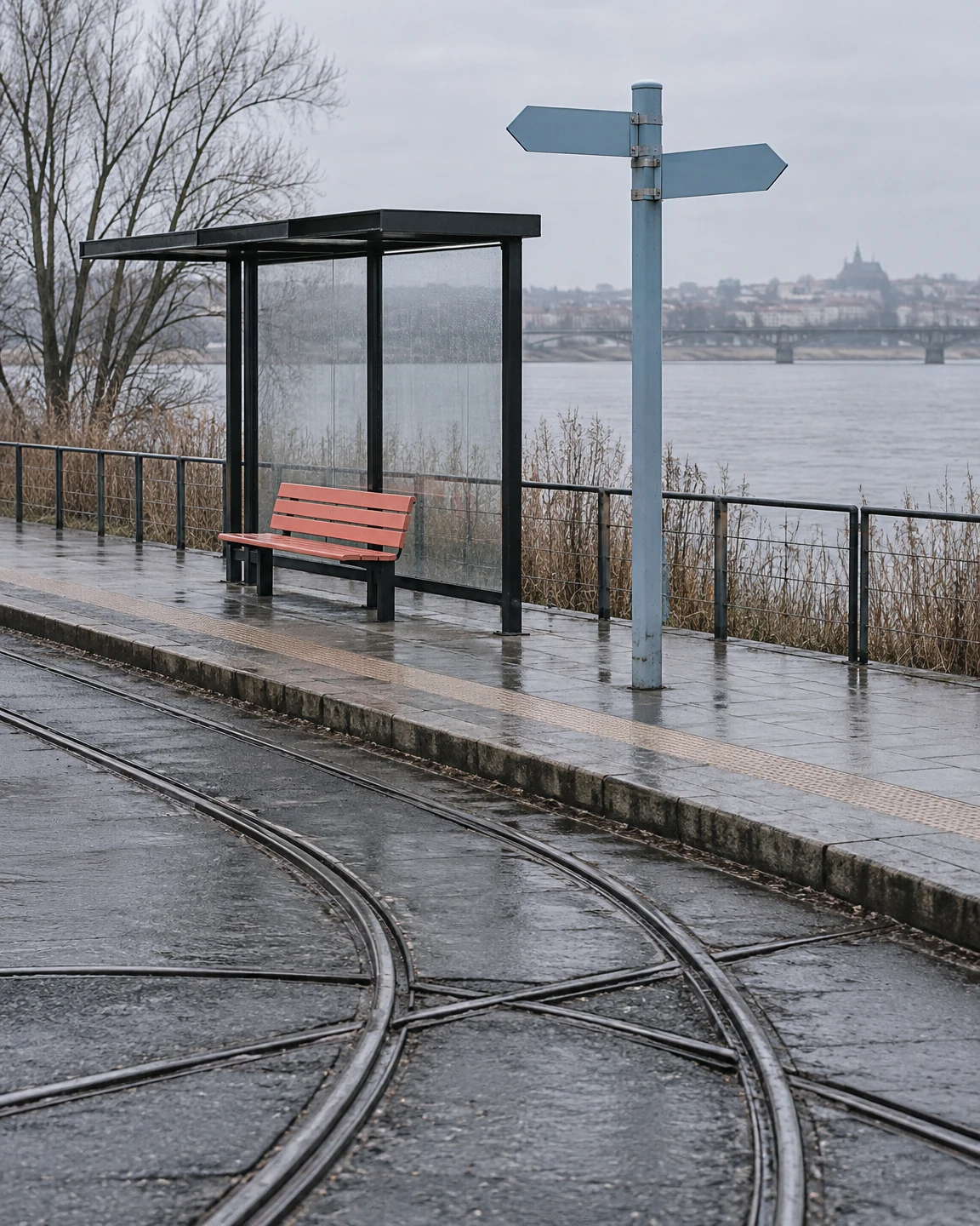 An empty riverside tram stop with curving intersecting rails in the wet foreground, a black metal shelter and coral bench on the platform, and a pale blue post…