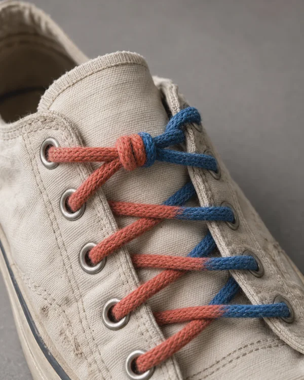 Close-up of an off-white canvas sneaker on a warm-grey surface, with coral and cobalt-blue laces threaded through metal eyelets and joined by a bulky knot on…