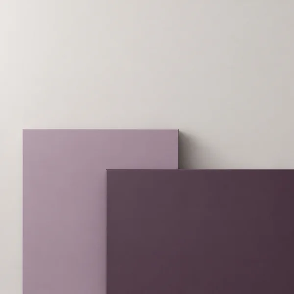 Minimal abstract composition with a pale warm-grey background and two overlapping rectangular planes: a dusty lilac plane on the left and a deep muted-plum…