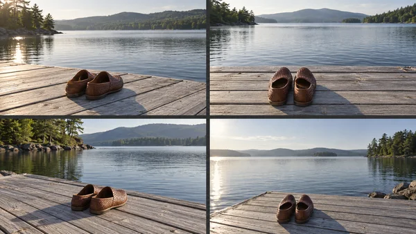 A two-by-two contact sheet shows a pair of brown woven slip-on shoes on a sunlit wooden dock beside a lake, with wooded shores and hills in the distance.