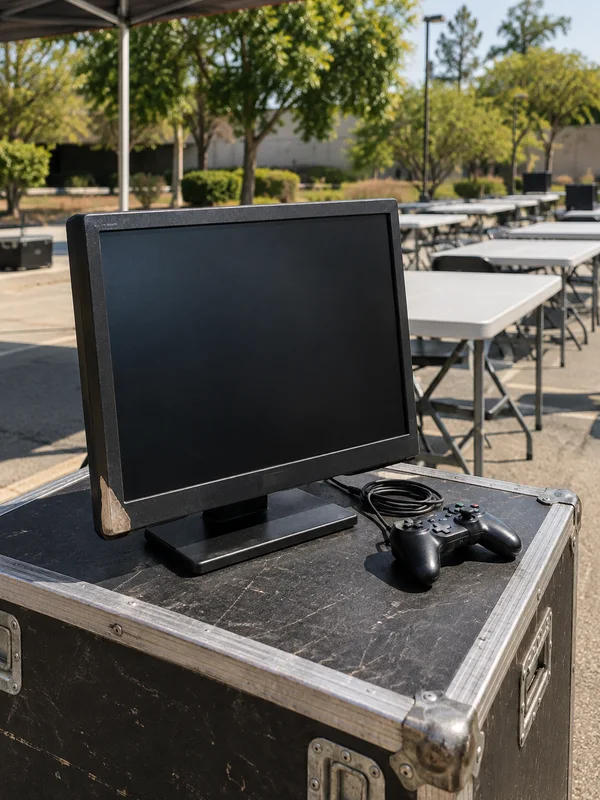 A dark-screen monitor with a pale repair patch on its lower-left casing sits on a scuffed black flight case beside a game controller and coiled cable.