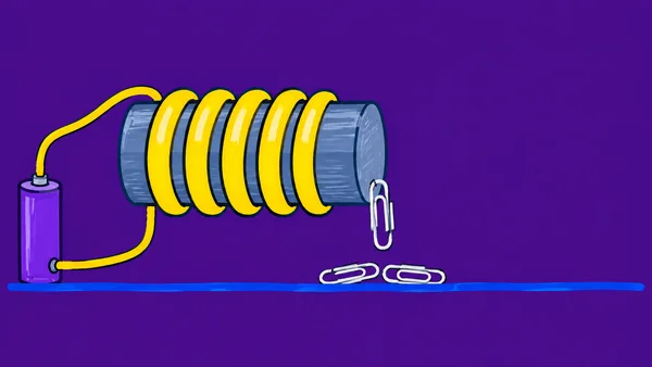 A hand-drawn illustration of a yellow-wire electromagnet connected to a small violet battery.