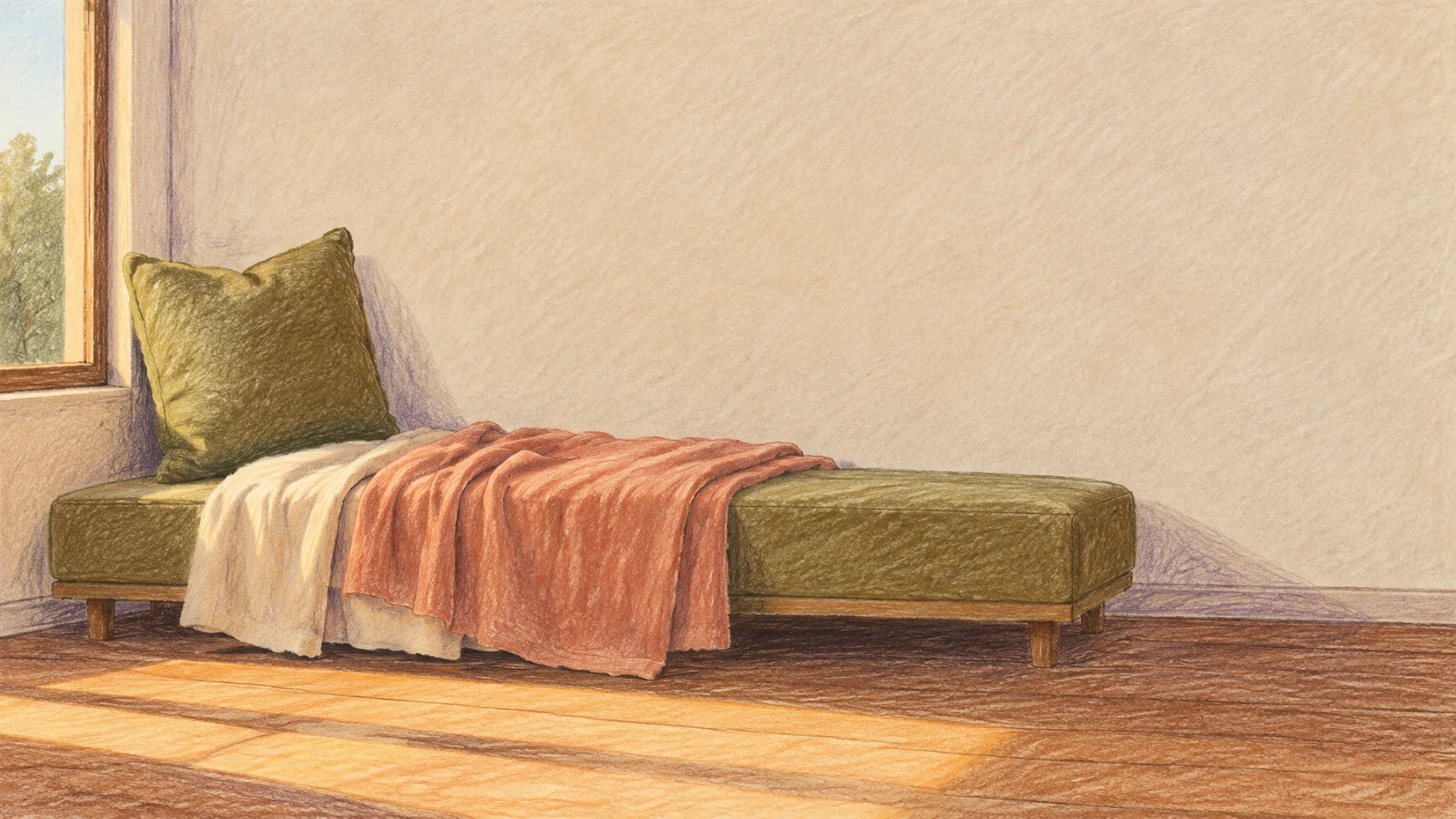 A long olive upholstered bench sits beneath a window in a sunlit corner, with an upright olive cushion and layered cream and dusty-coral throws draped over the…