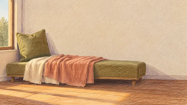 A long olive upholstered bench sits beneath a window in a sunlit corner, with an upright olive cushion and layered cream and dusty-coral throws draped over the…