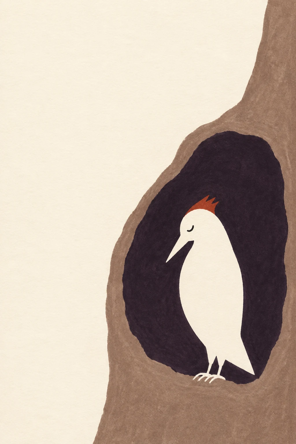 A minimalist marker-style illustration of a sleepy, pale woodpecker in side profile inside a large dark hollow in a muted brown tree trunk, with a rust-red…