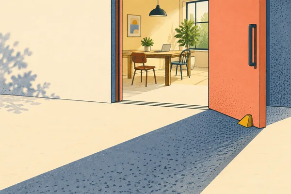 A broad coral door stands open beside a small mustard doorstop, with a long dusty-blue triangular shadow stretching across the pale ground.