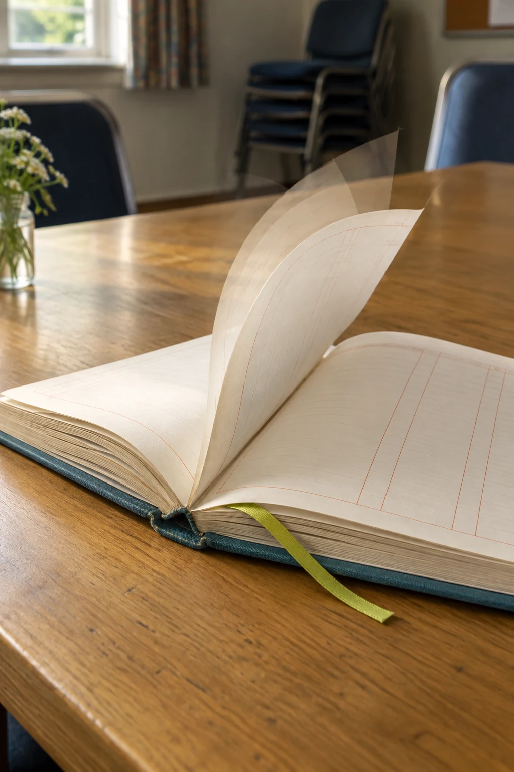 An open cyan clothbound ledger lies diagonally on a honey-coloured wooden table, with blank cream pages marked by coral rules and a lime ribbon.