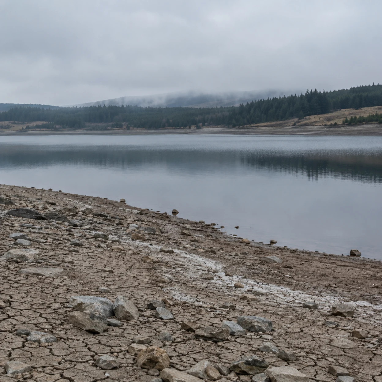 A rocky, cracked reservoir shoreline slopes into calm grey-blue water, with a distant conifer bank beneath low mist and an overcast sky.