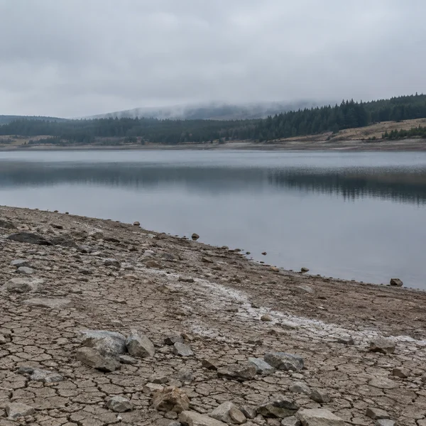A rocky, cracked reservoir shoreline slopes into calm grey-blue water, with a distant conifer bank beneath low mist and an overcast sky.