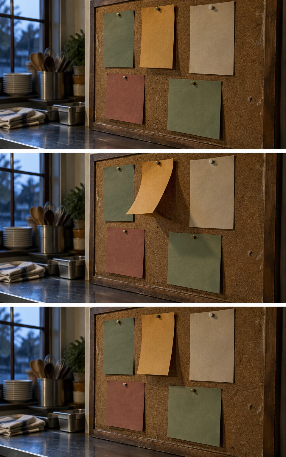 Three stacked views show a cork noticeboard with five blank colour-coded cards in a kitchen; the ochre card is flat in the first, curls outward in the second…