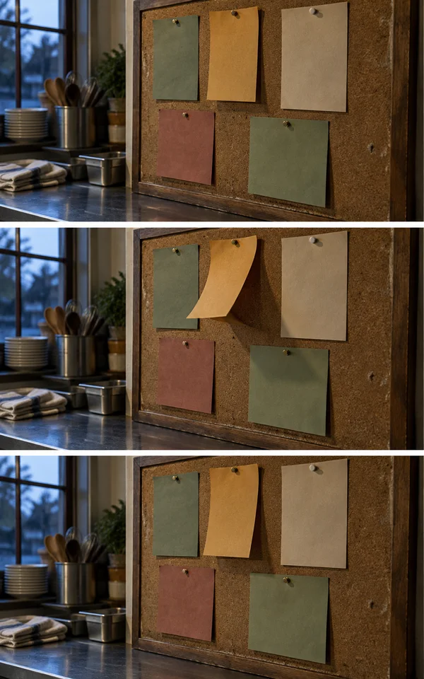 Three stacked views show a cork noticeboard with five blank colour-coded cards in a kitchen; the ochre card is flat in the first, curls outward in the second…