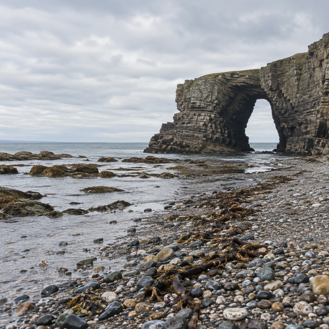 A layered grey-brown sea arch rises on the right above a low-tide pebble shore, with shallow water, scattered dark kelp and rounded stones in the foreground…