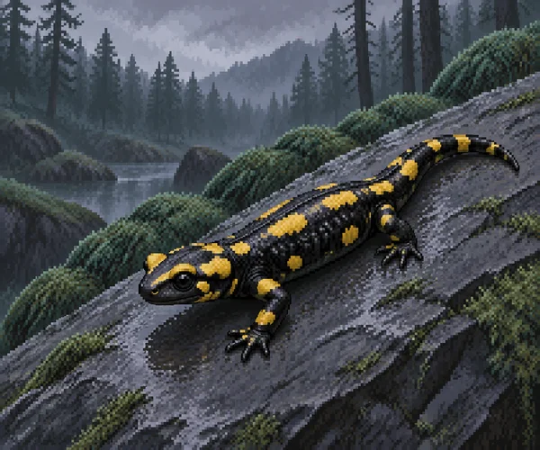 A black-and-yellow fire salamander crosses a slanted slate slab amid mossy banks and misty woodland in a coarse pixel-art style.