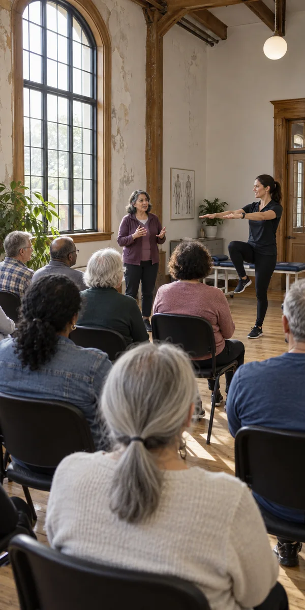 A group of adults sits in rows in a bright, historic-looking room while a woman speaks and a coach demonstrates a one-legged balance exercise.