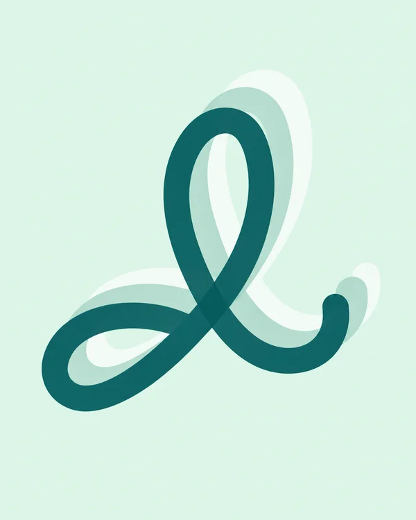 A thick deep-teal calligraphic flourish with overlapping translucent seafoam and white copies sits on a pale mint background.