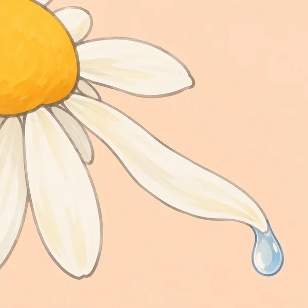 A close-up hand-drawn daisy fills the left side, with ivory petals extending across a pale peach background.