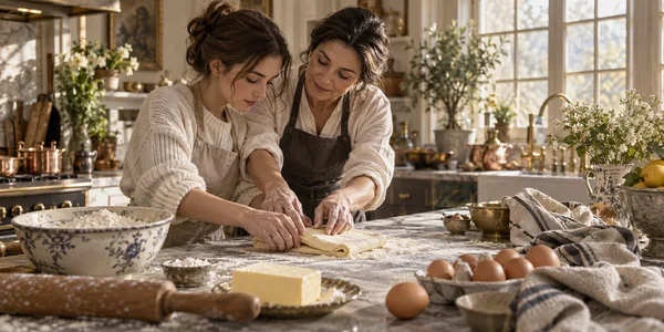 Two women work together folding pastry dough on a flour-dusted kitchen counter, surrounded by baking ingredients and utensils in a warmly lit kitchen.