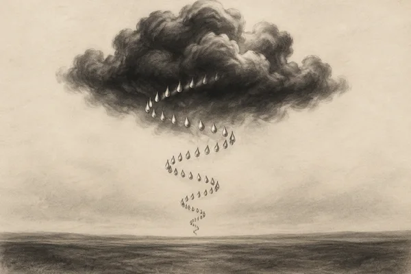 A charcoal storm cloud hangs over a bare, softly smudged plain, with distinct pale droplets winding downward in a suspended S-shaped spiral above the low…