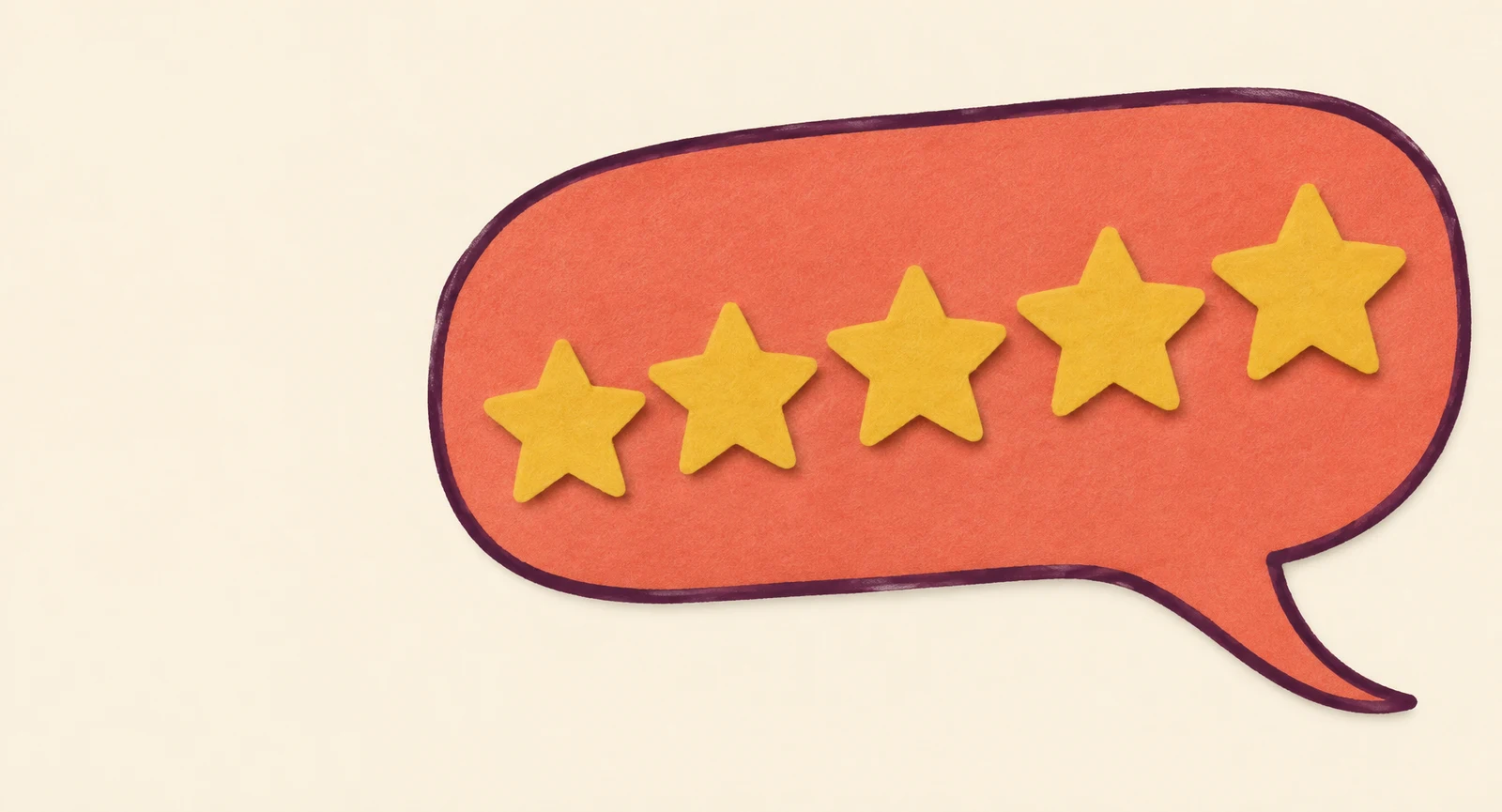 A large coral speech bubble with a dark plum outline and a long curled tail contains five golden stars in a rising row, against a warm cream background with…