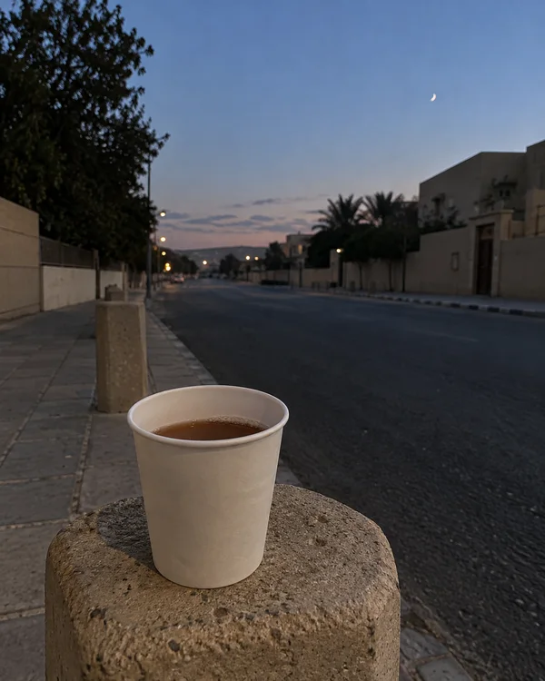 A plain white paper cup half-full of dark tea sits on a rough concrete bollard beside an empty street at dusk, with a small crescent moon in the blue-grey sky.