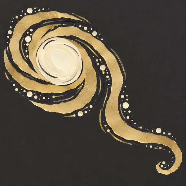An ivory, slightly irregular spiral core sits within broad champagne-gold arms on a charcoal background.