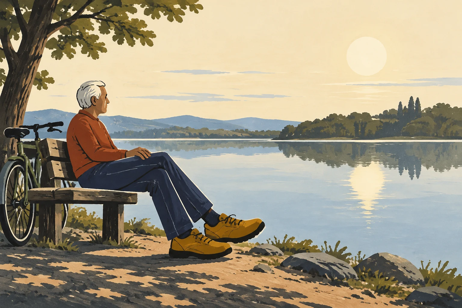 A silver-haired man in a rust-coloured top and long navy trousers sits on a wooden bench beside a calm lake, with ochre shoes stretched forward and a bicycle…
