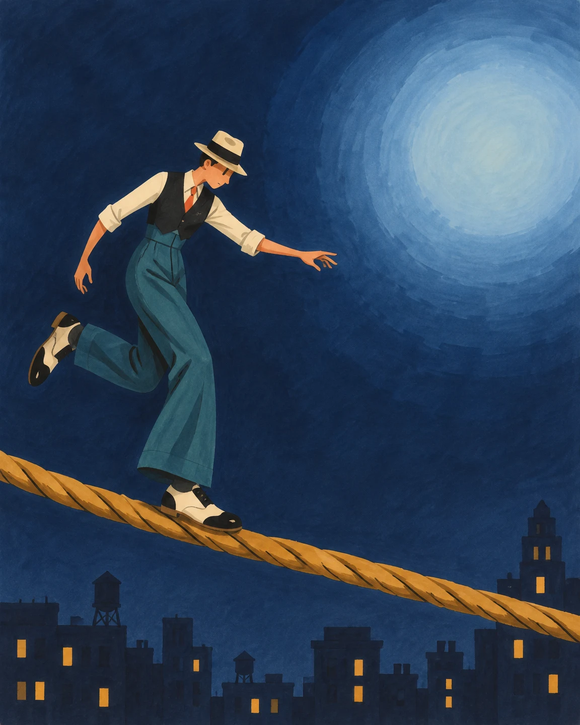 A stylized man in a hat, waistcoat, white shirt and teal wide trousers balances on a thick ochre rope above a dark city skyline at night, reaching toward a…