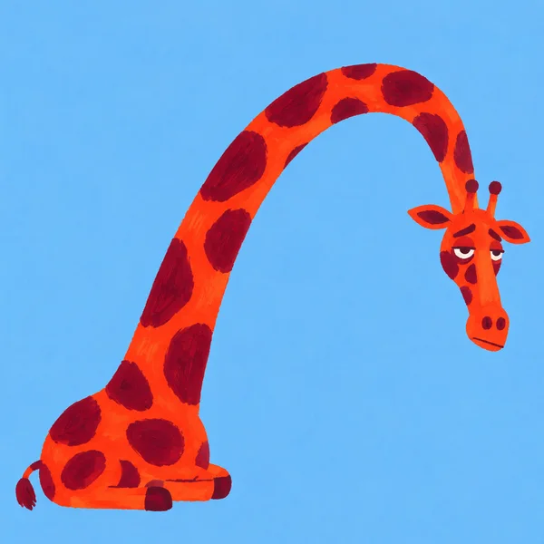 A weary red-orange giraffe with burgundy patches sits with its legs tucked beneath a small body in the lower left.