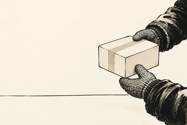 An ink illustration of two mittened hands in thick dark coat sleeves exchanging a plain taped parcel above a thin tabletop line, with ample blank ivory space…