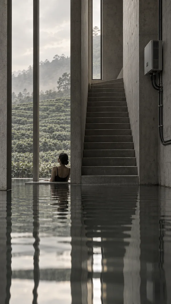 A narrow concrete stairwell rises above a still, flooded floor, with tea rows visible through tall windows and an electrical unit mounted on the right wall.