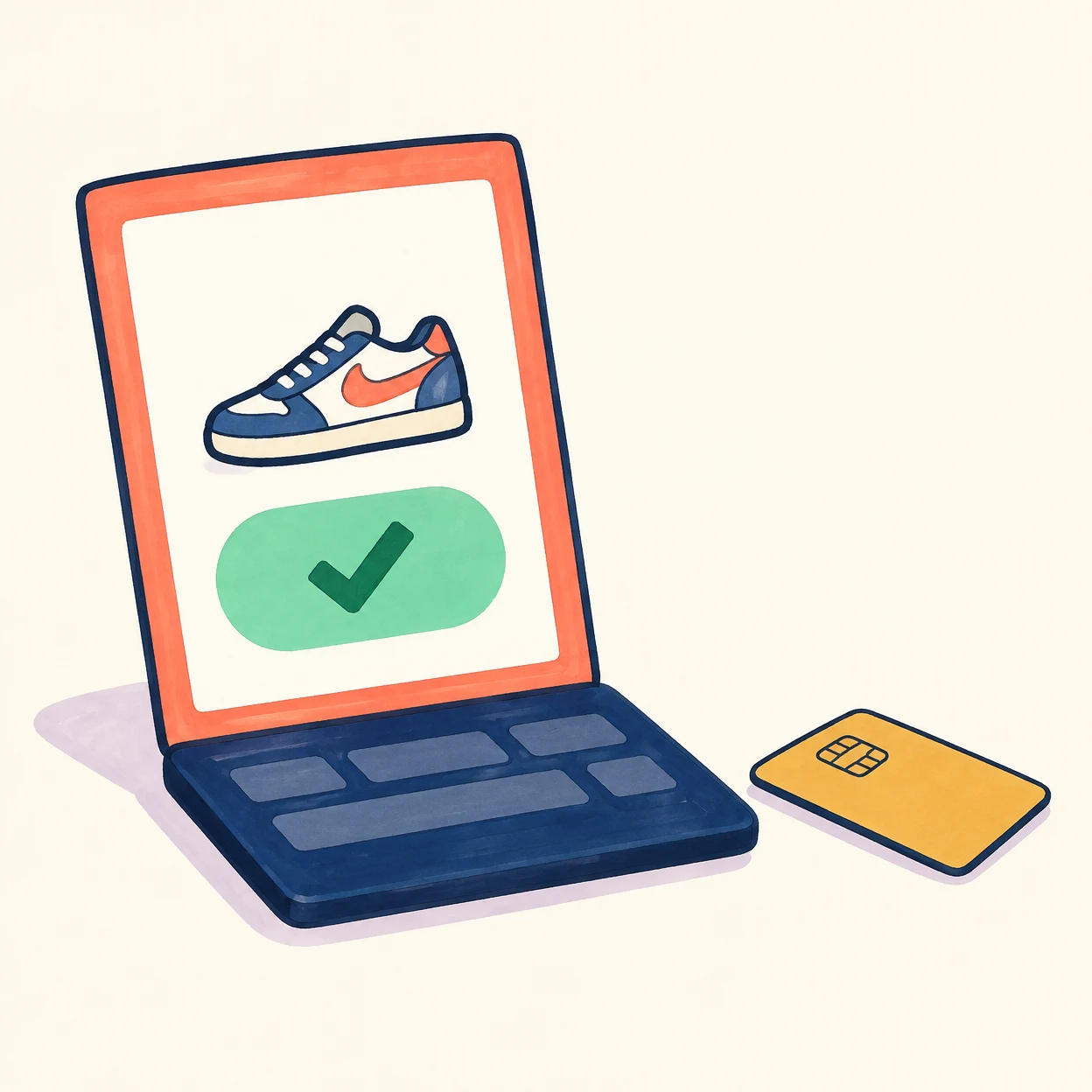 A hand-drawn marker illustration of an open navy laptop on a warm ivory surface, with a coral-framed screen showing a sneaker and a mint button with a…