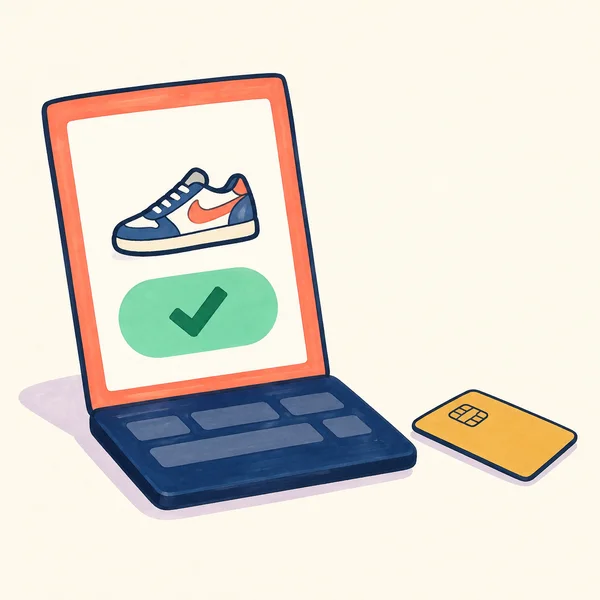 A hand-drawn marker illustration of an open navy laptop on a warm ivory surface, with a coral-framed screen showing a sneaker and a mint button with a…