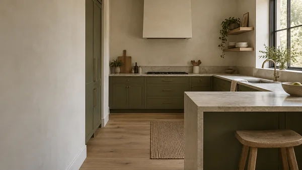 A warm, muted kitchen with olive-green cabinets, pale stone counters, an inset sink beneath a tall window, and an oak stool tucked under the foreground…