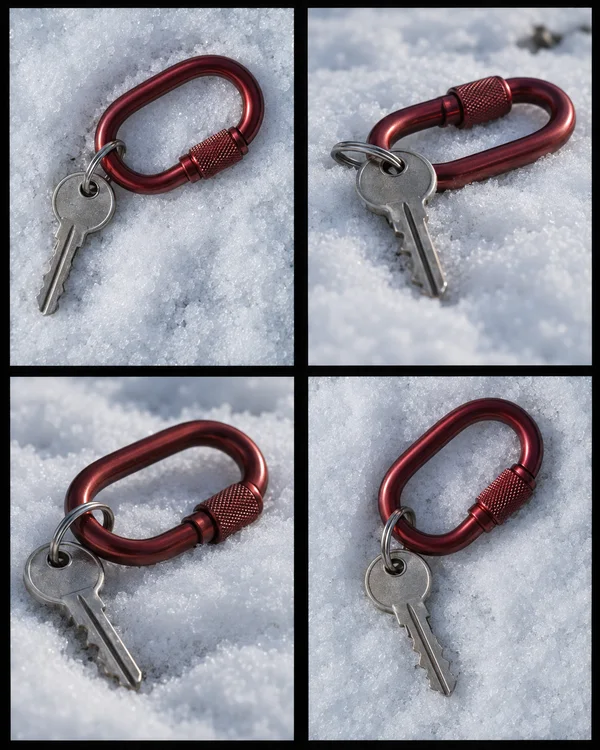 A four-frame contact sheet shows a glossy dark red screw-lock carabiner-style keyring with a silver key, photographed on textured snow from overhead and low…
