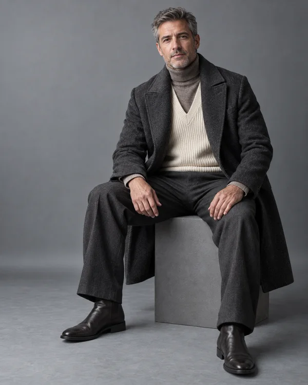 A salt-and-pepper-haired man sits on a grey cube against a cool-grey studio backdrop, wearing a charcoal overcoat and wide-leg trousers over an ivory V-neck…
