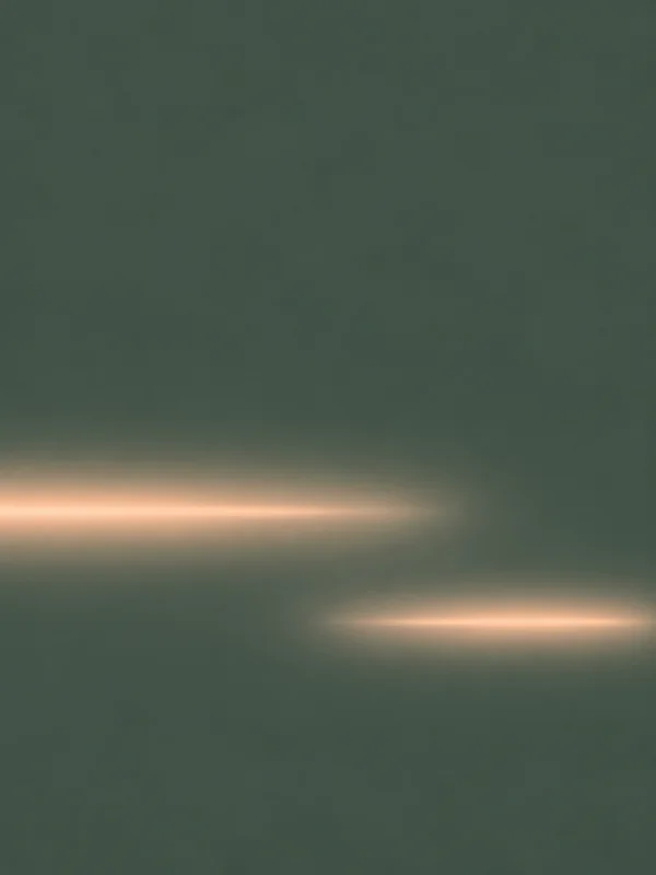 A portrait abstract composition with two soft peach horizontal light bands on a dark slate-green field, one longer band entering from the left and a shorter…