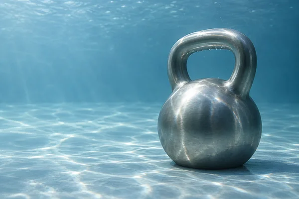 A single unmarked silver kettlebell rests on the floor of a blue underwater tank, positioned on the right with open water and floor space to the left.