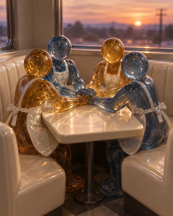 Four faceless, translucent amber and blue glass figures in pale aprons sit around a cream booth table, leaning in with their hands joined at the center.