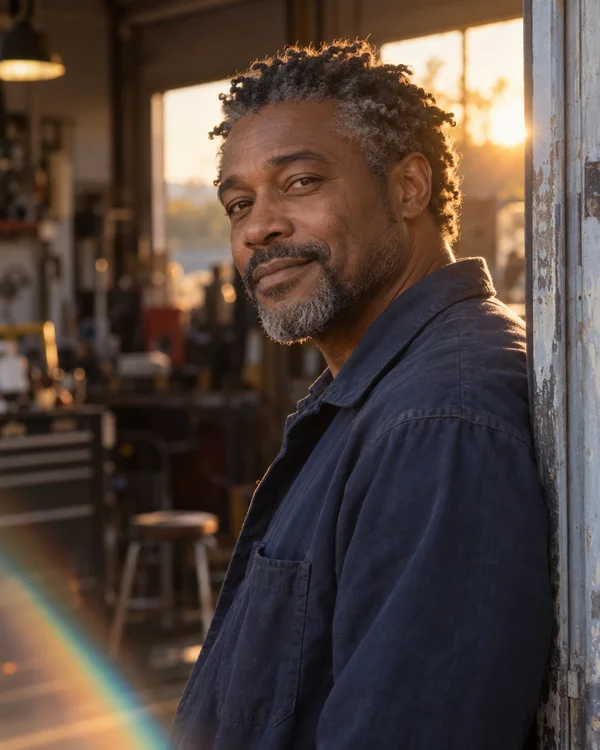 A Black man with short silver-flecked twists and a close-cropped beard leans against a weathered workshop doorjamb, looking toward the camera in warm sunset…