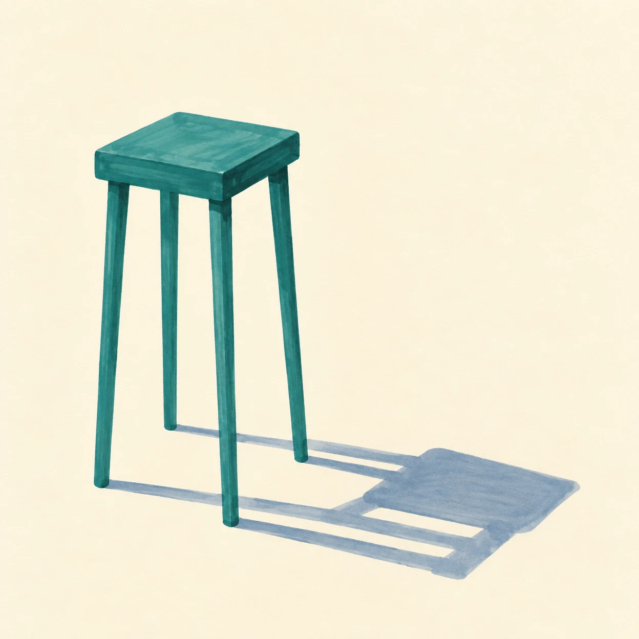 A tall teal stool with a thick rectangular seat stands on a warm cream background, casting a long blue-gray shadow toward the lower right.