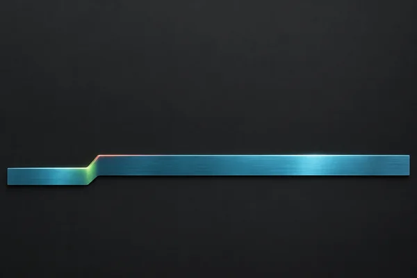 A long cyan-brushed metal strip lies horizontally across a matte charcoal field, with a single raised step near the left end, coral and lime highlights, and a…