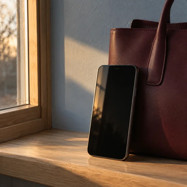 A black-screen smartphone stands against a deep burgundy leather tote on a light wood window ledge.