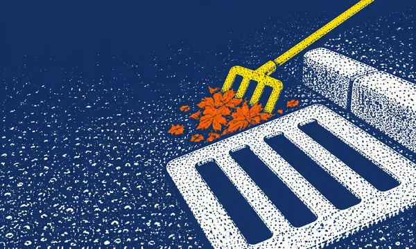 A large white storm-drain grate with four dark slots fills the lower right beside a yellow rake holding orange leaves on indigo pavement; the curb runs…