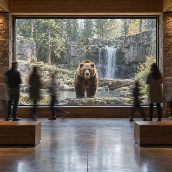 A large brown bear stands centered in a rocky, wooded habitat with a waterfall, viewed through a broad gallery window.