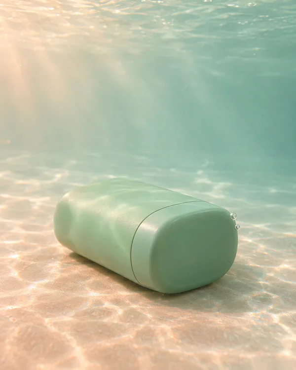 A mint-green rounded rectangular case lies on its broad side on a pale peach underwater floor, with its rounded end facing the camera and two small bubbles…